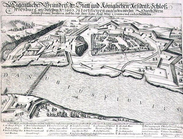 Plan du sol de la ville et du château de Pressburg et de ses fortifications en 1663, illustration d