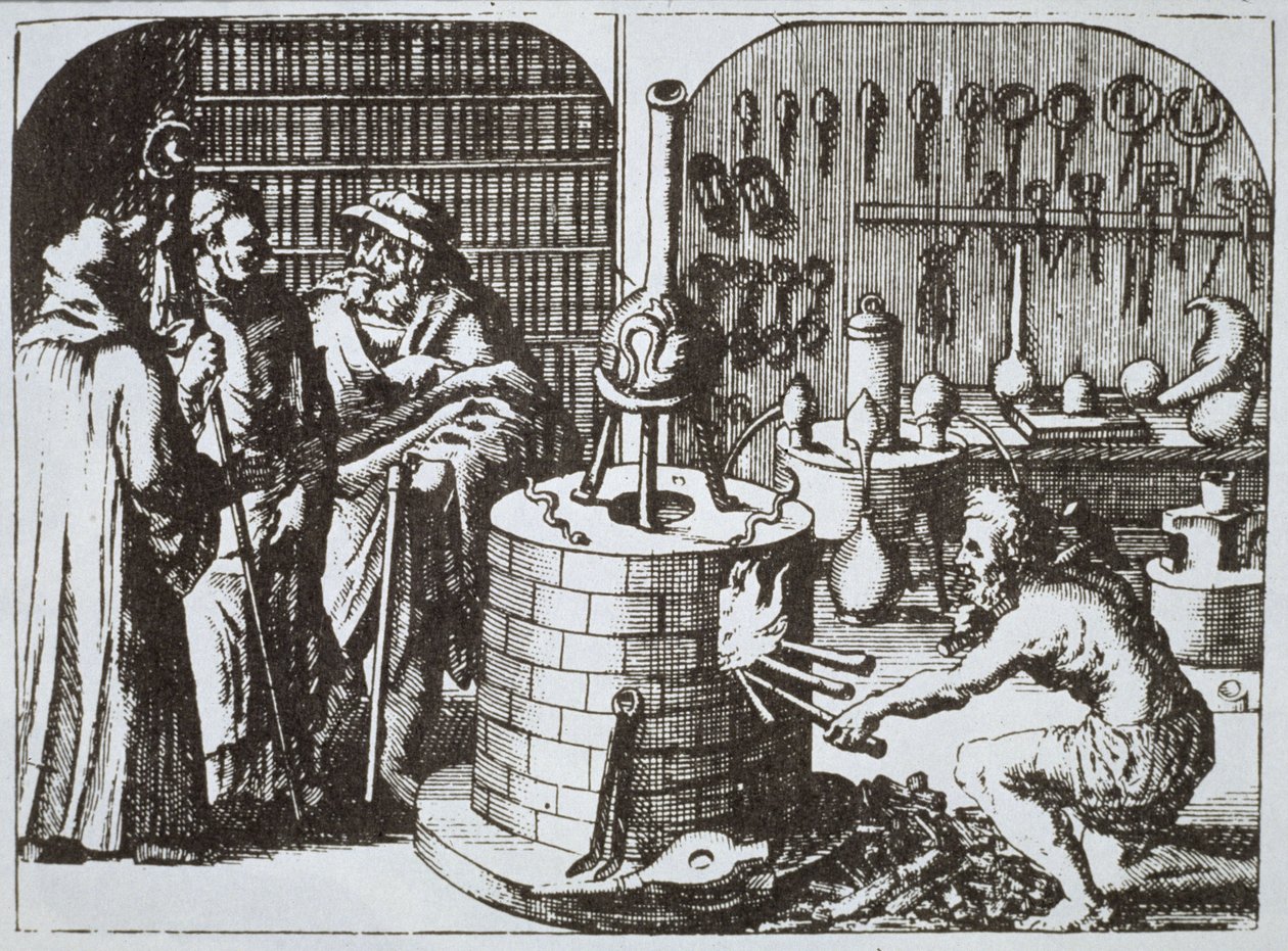 Philosophes hermétiques et un alchimiste, du Museum Hermeticum par Michael Majer (1625) illustré dans une histoire de la magie publiée à la fin du 19e siècle - German School