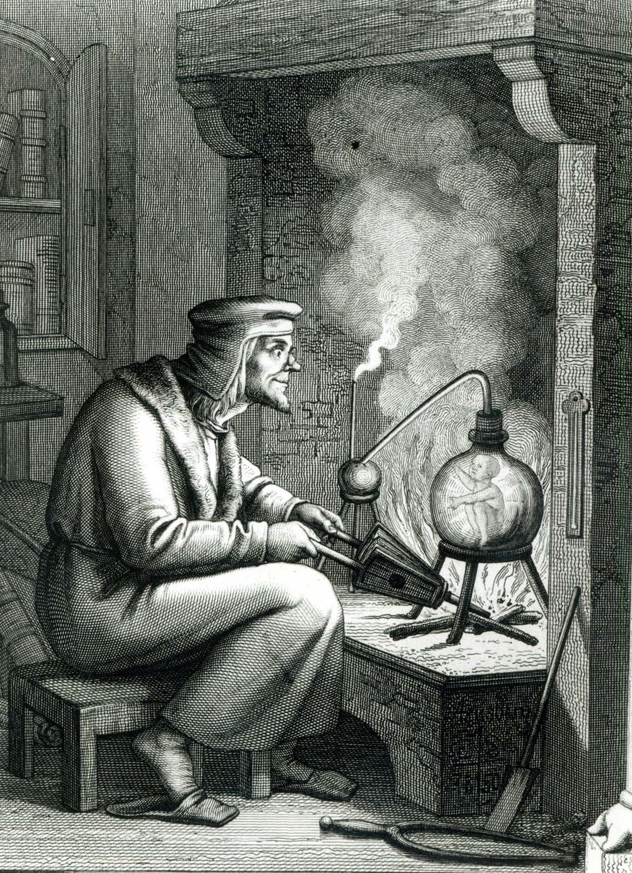 Illustration du Faust de Goethe représentant Méphistophélès créant un homoncule, 1854 - German School