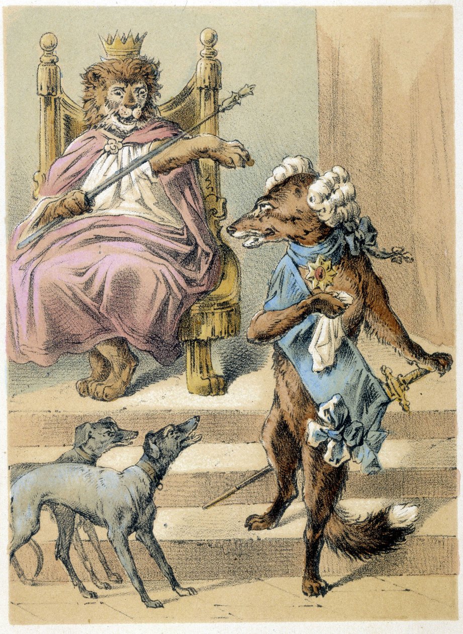Illustration des contes de Franz Hoffmann « Contes et Fables - Le Renard » : Un renard parlant devant le Roi Lion. Chromolithographie du XIXe siècle. - German School