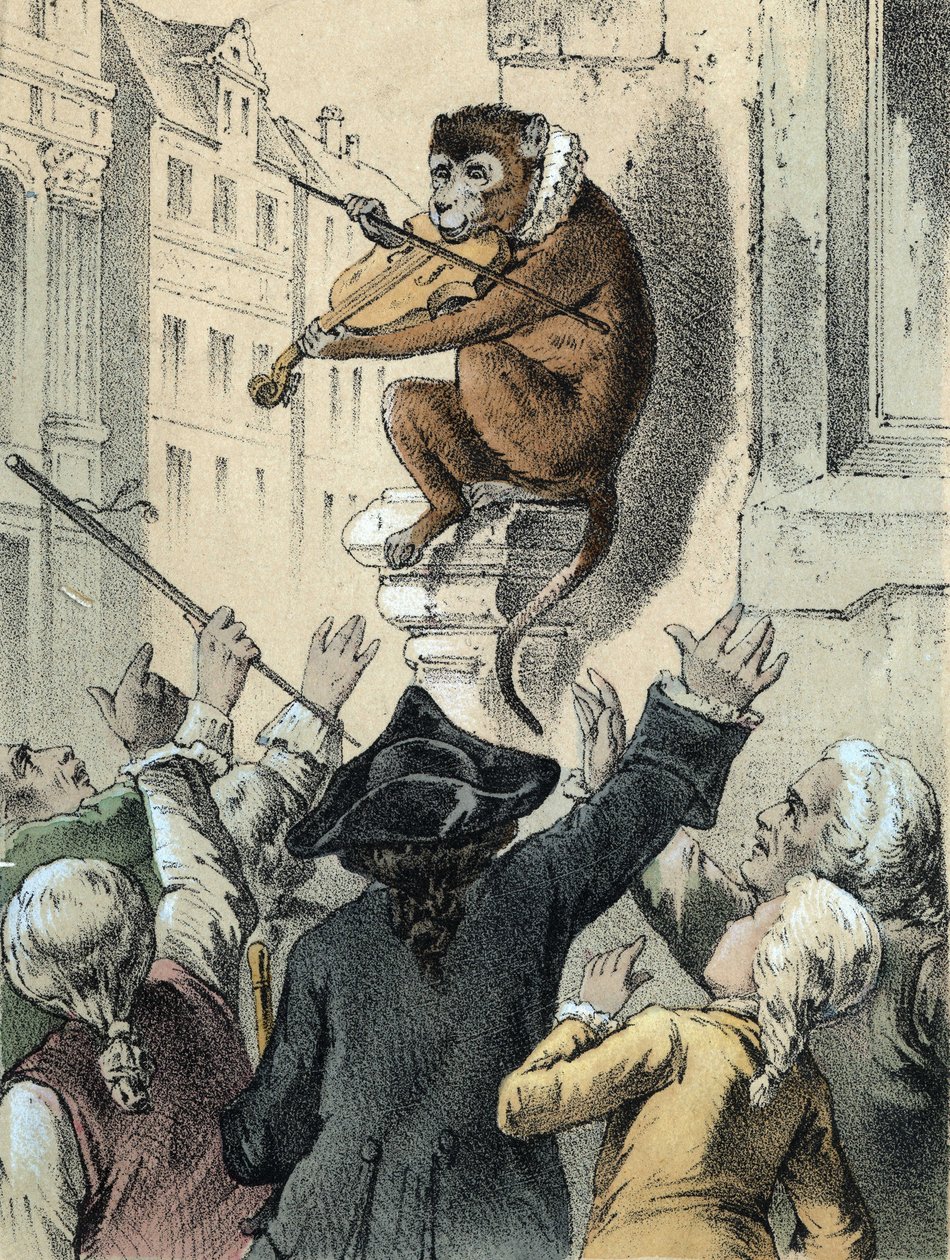 Illustration des contes de Franz Hoffmann "Contes et Fables - Le singe et le violon": un singe jouant du violon devant une foule. Chromolithographie du 19ème siècle. - German School