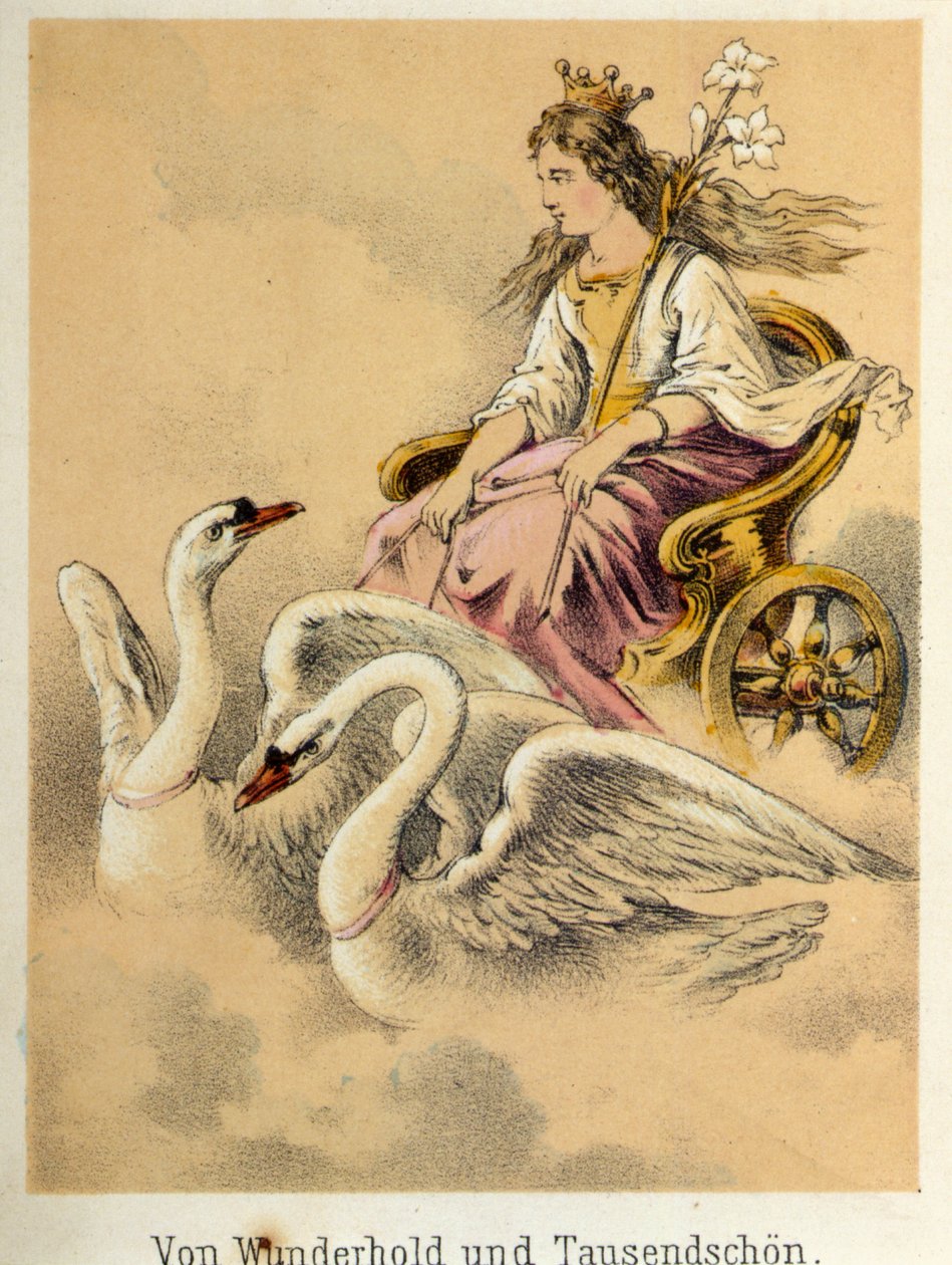 Illustration des contes de Franz Hoffmann « Contes et Fables - Von Wunderhold und Tausendschön » : un char transportant une déesse tirée par 2 cygnes. Chromolithographie du XIXe siècle. - German School
