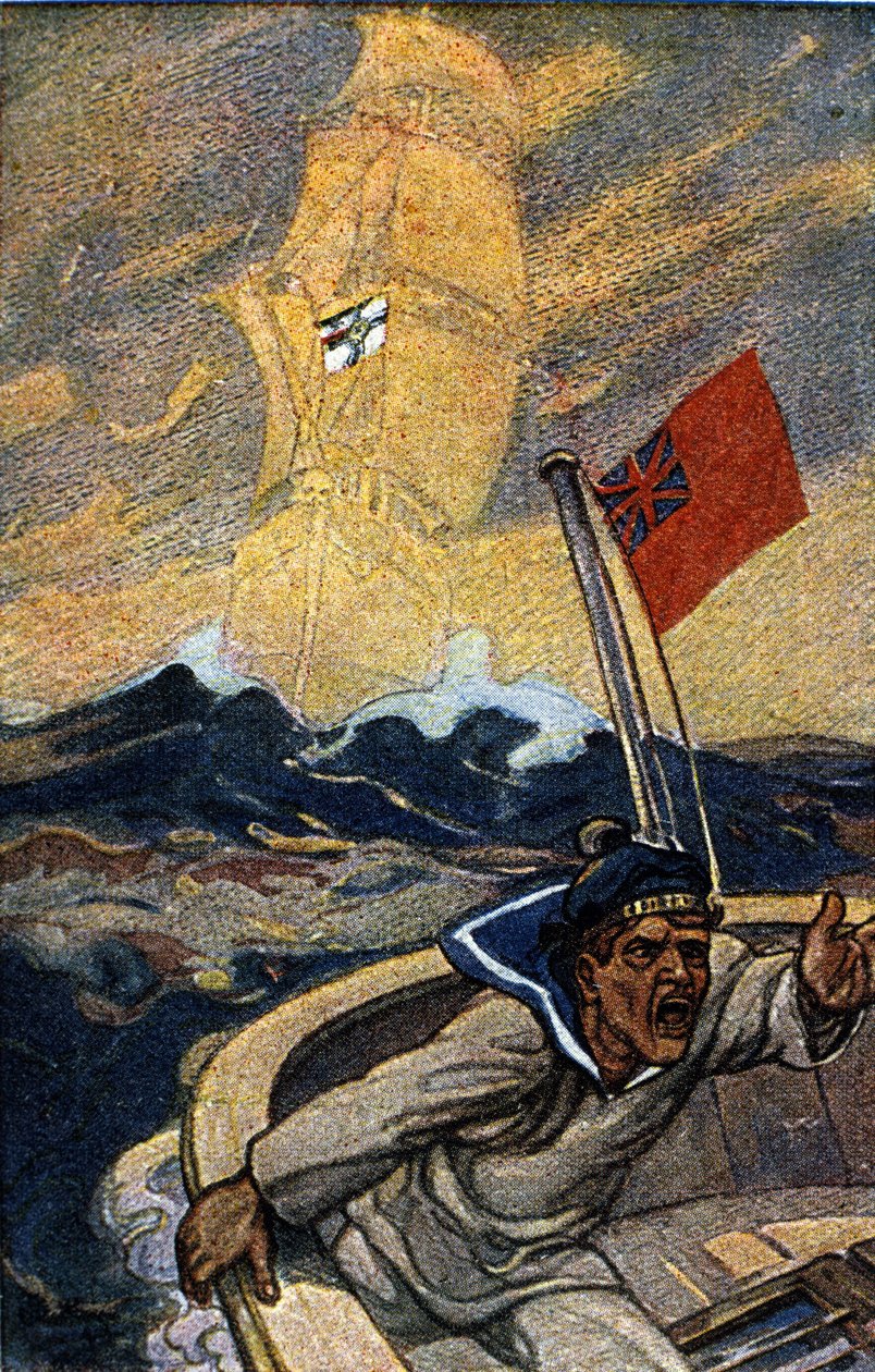 Illustration de la propagande allemande du magazine Jugend pendant la 1ère Guerre mondiale. Un marin anglais est terrorisé par l