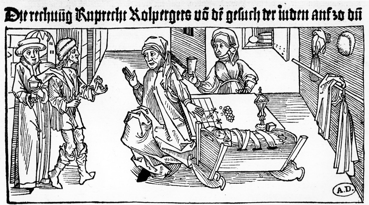 Prêteur sur gages juif avec sa famille recevant des clients, 1491 - German School