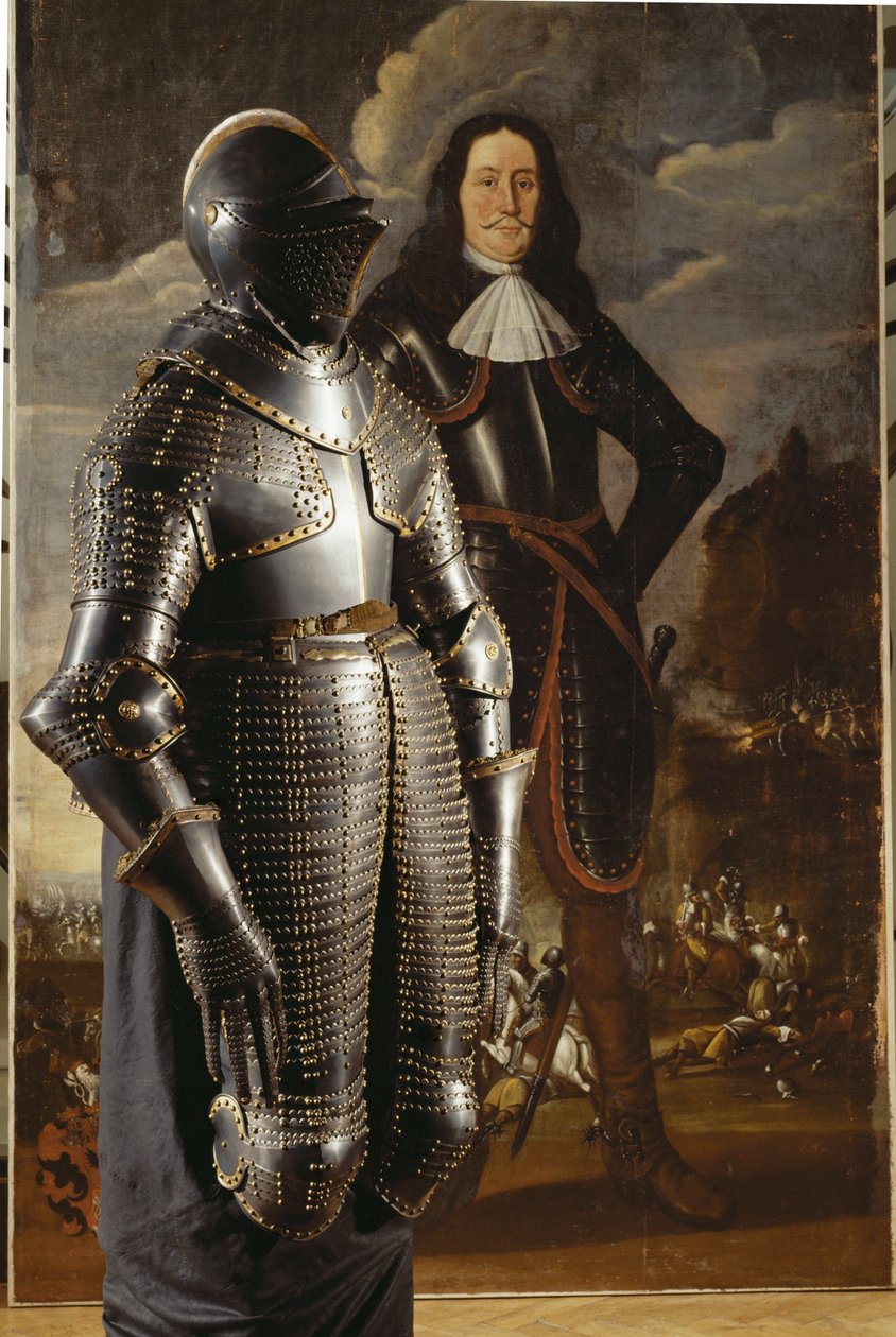 Johann Count Sporck, son armure de 36 kg devant son portrait ... - German School