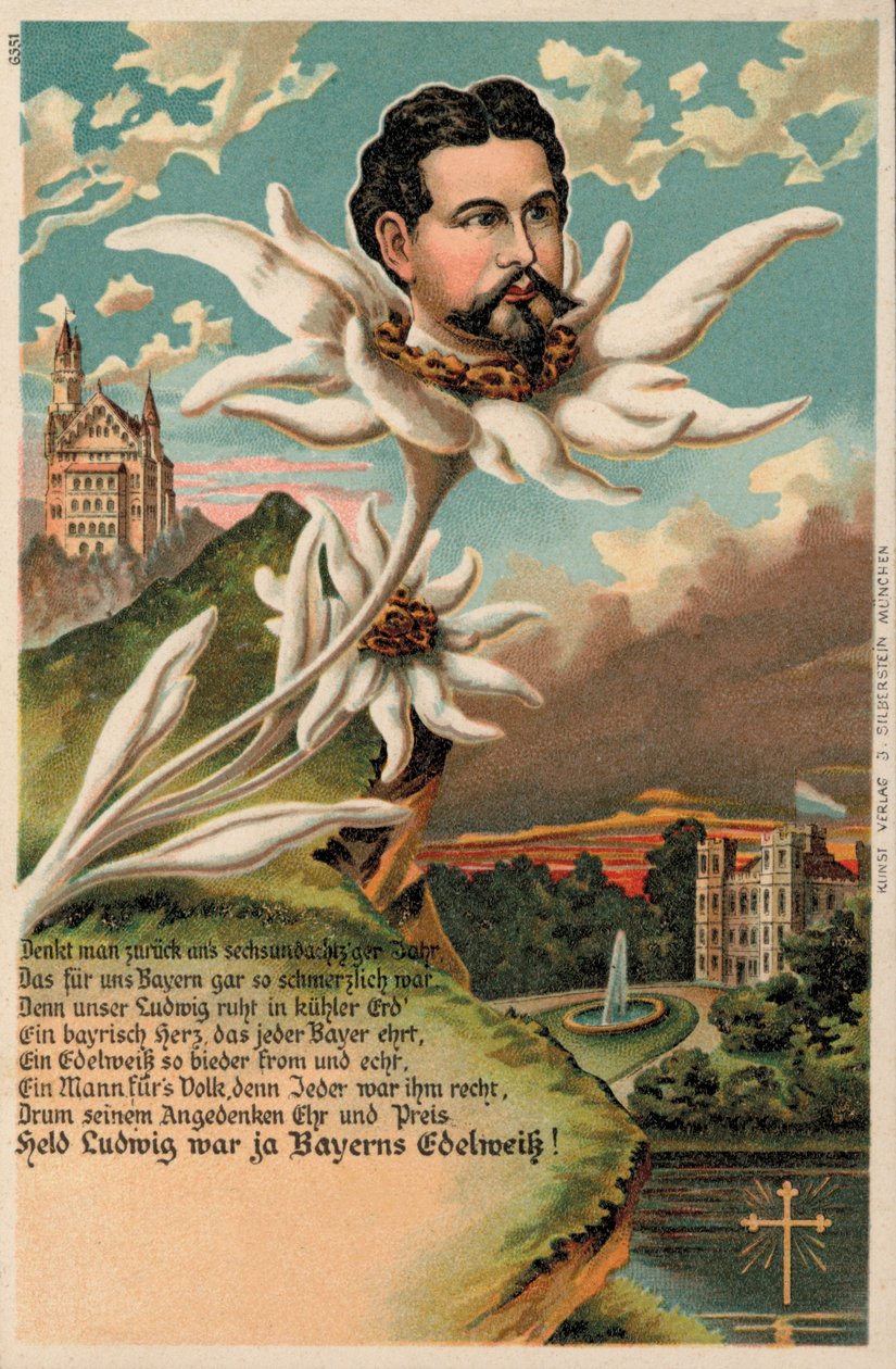 Le roi Louis II de Bavière représenté en edelweiss (chromolitho) - German School