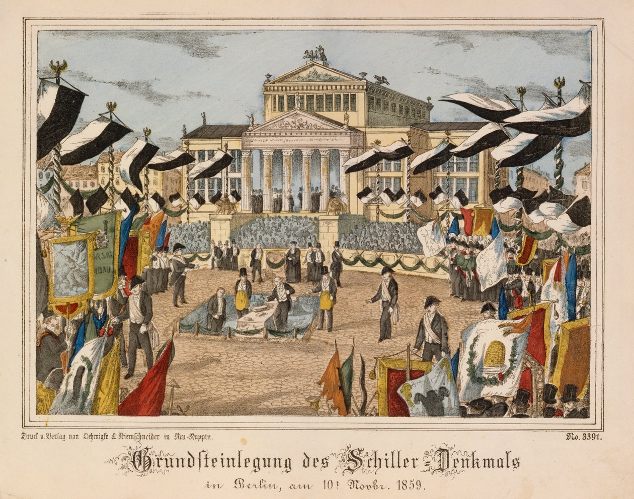 Pose de la première pierre du monument Schiller au Gendarmenmarkt, Berlin, 10 novembre 1859, avec le Schauspielhaus en arrière-plan, de Neuruppiner Bilderbogen, publié par Oehmigle & Ri - German School