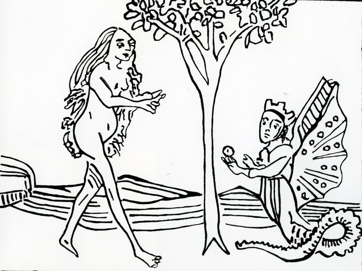 Lilith, ailée et couronnée, avec une queue de serpent, offre la pomme à Ève, de 