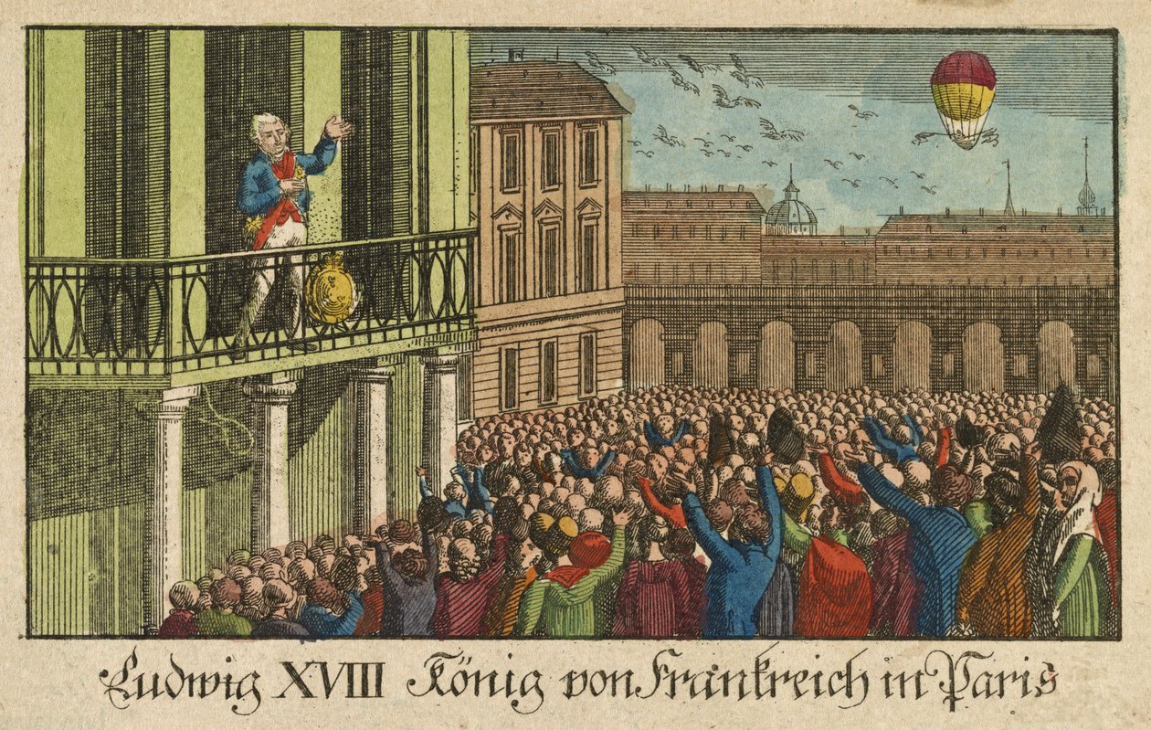 Louis XVIII Roi de France à Paris, pub. 1814 (gravure coloriée à la main) - German School