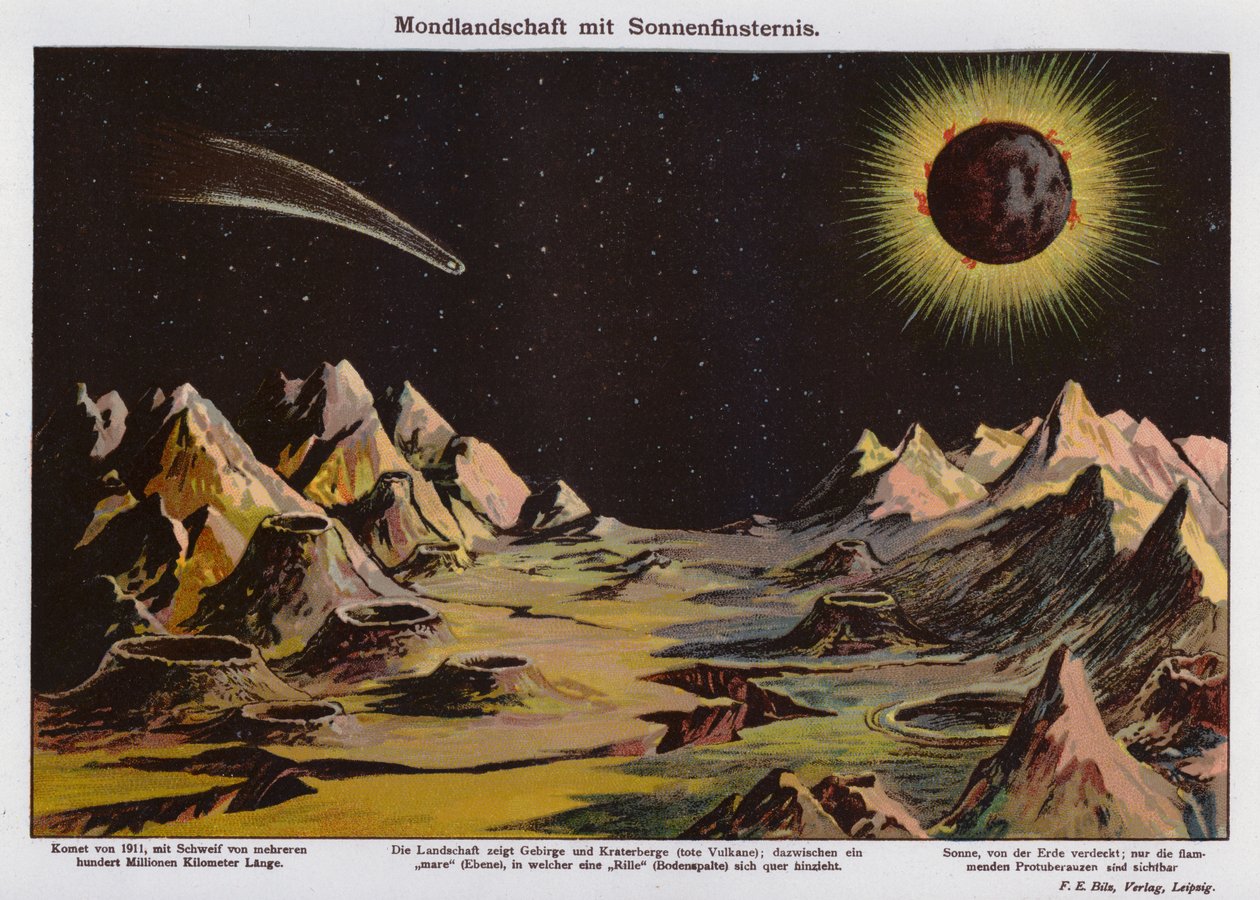 Paysage lunaire, éclipse solaire et comète de 1911 (lithographie couleur) - German School