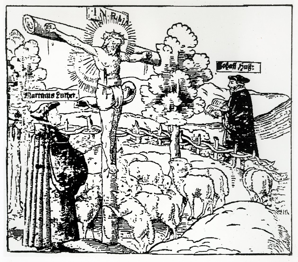 Luther (1483-1546) et Hus (1369-1415) avec le Christ dans la bergerie, c.1520-21 - German School