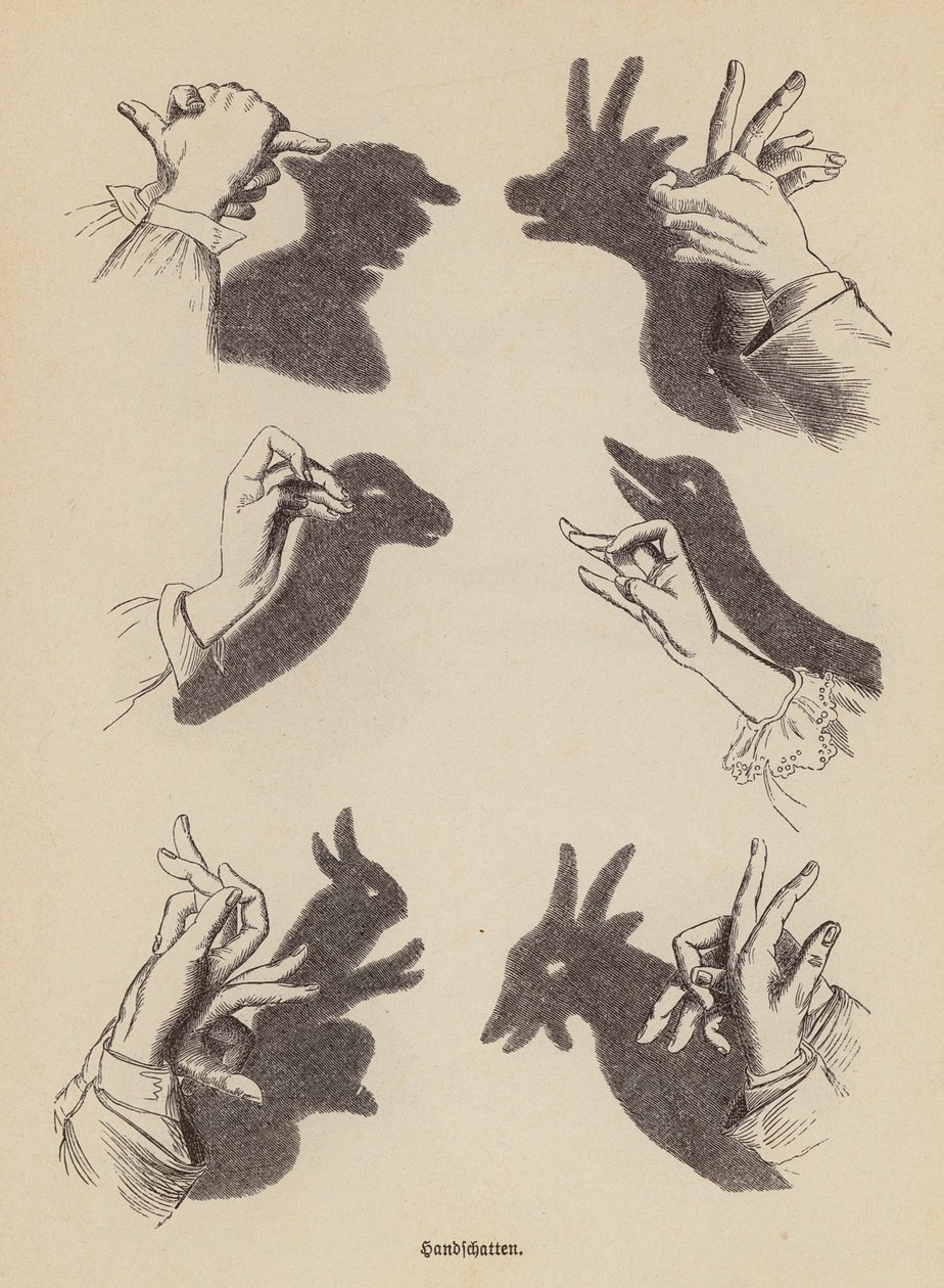 Faire des animaux en ombres chinoises avec les mains (gravure) - German School