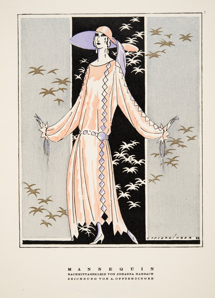 "Mannequin", publicité pour la robe de Johanna Marbach, extrait de Styl, publié en 1922 (impression sur pochoir) - German School