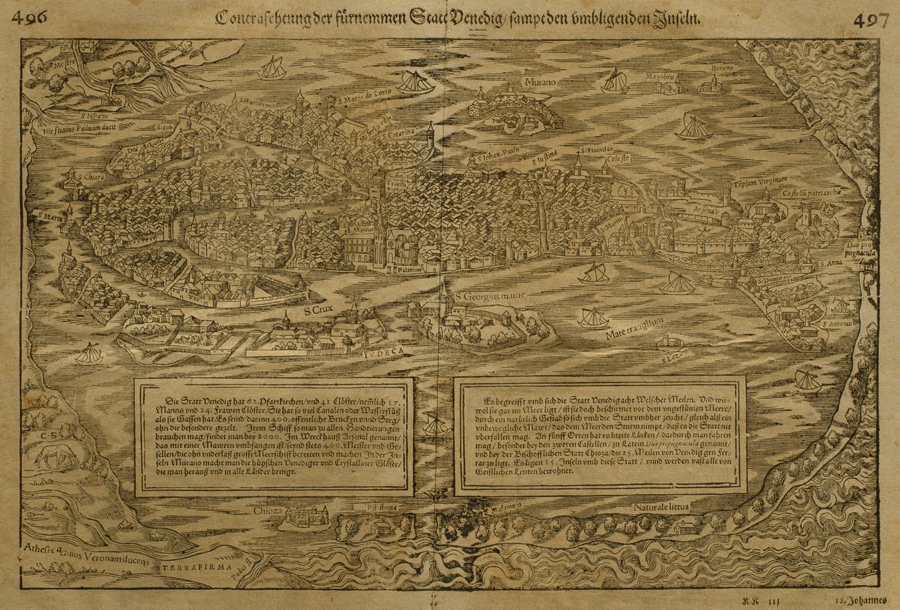 Carte de Venise, par Sebastian Munster publiée à Bâle, vers 1560 - German School