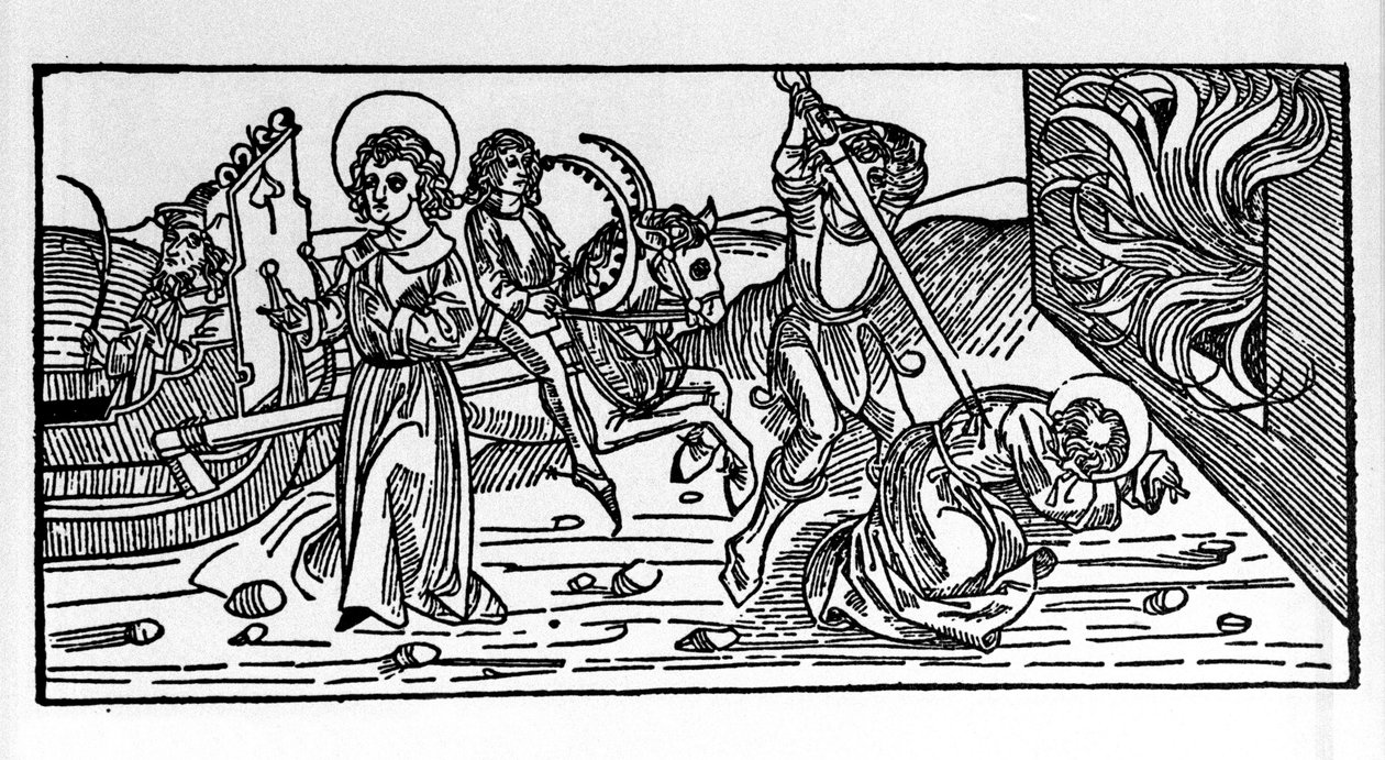 Martyr de Saint Polycarpe de Smyrne (ca. 69-155), évêque. Gravure du "Leben der Heiligen - Sommerteil (livre des saints)" par Jacobus (Jacques) de Voragine (1228-1298) - German School