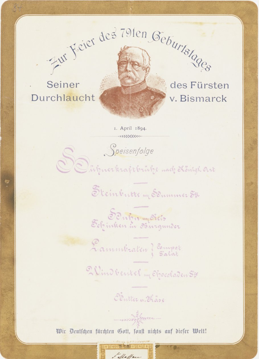 Menu à la célébration du 79e anniversaire du Prince von Bismarck le 1er avril 1894 - German School