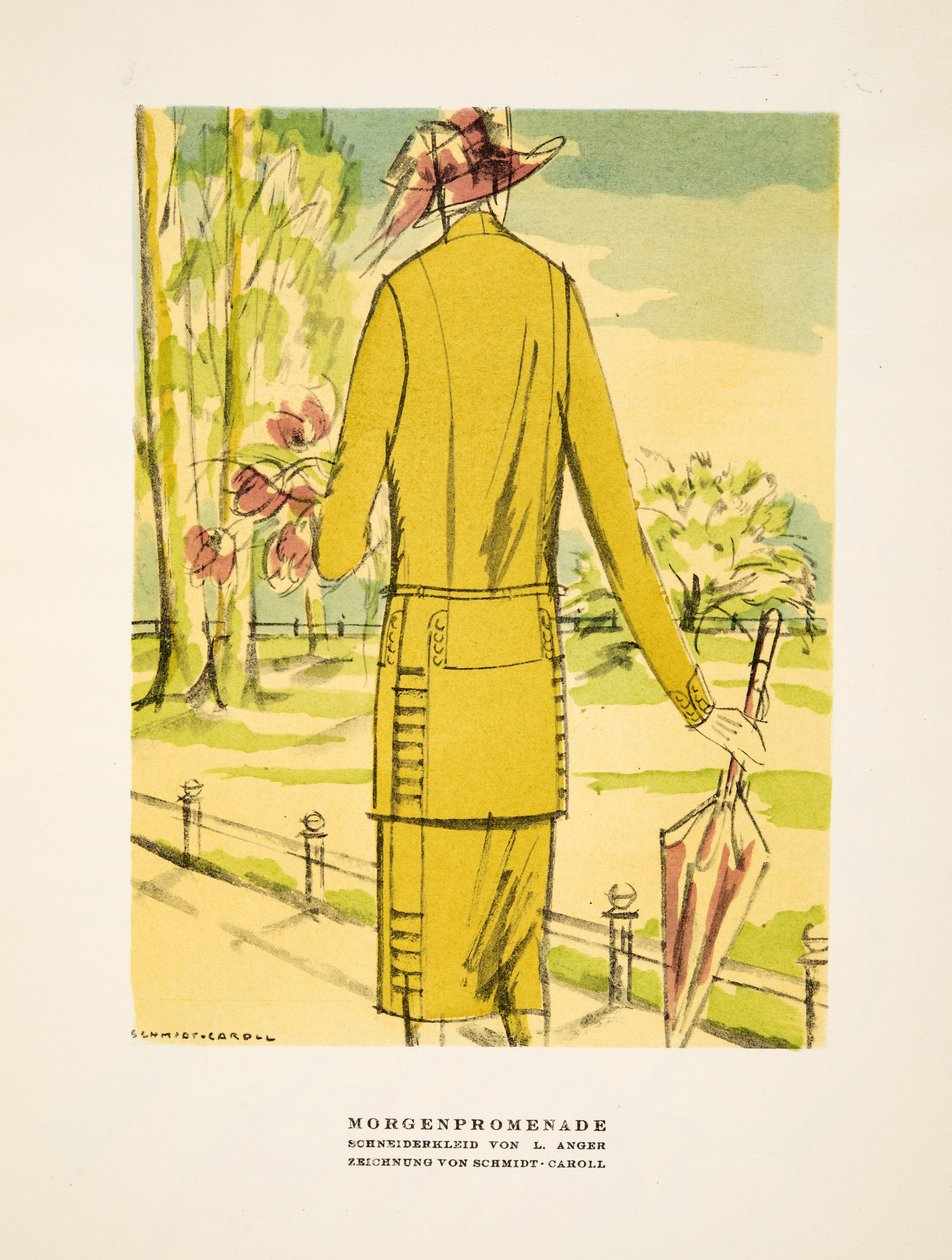 "Morgenpromenade", publicité pour les vêtements de L. Anger, extrait de Styl, publié en 1922 (impression sur pochoir). - German School