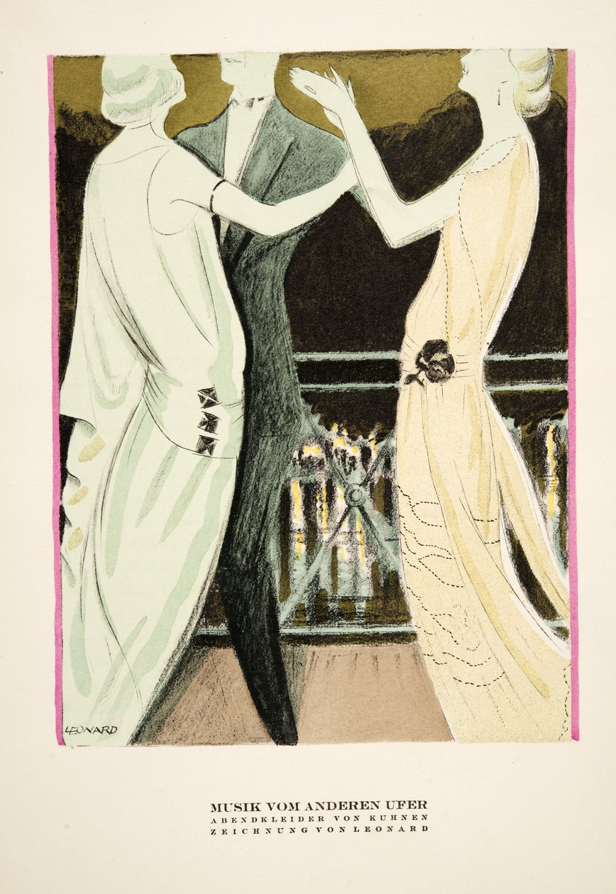 "Musik vom Anderen Ufer", publicité pour les robes de soirée de Kuhnen, tirée de Styl, publié en 1922 (impression sur pochoir). - German School