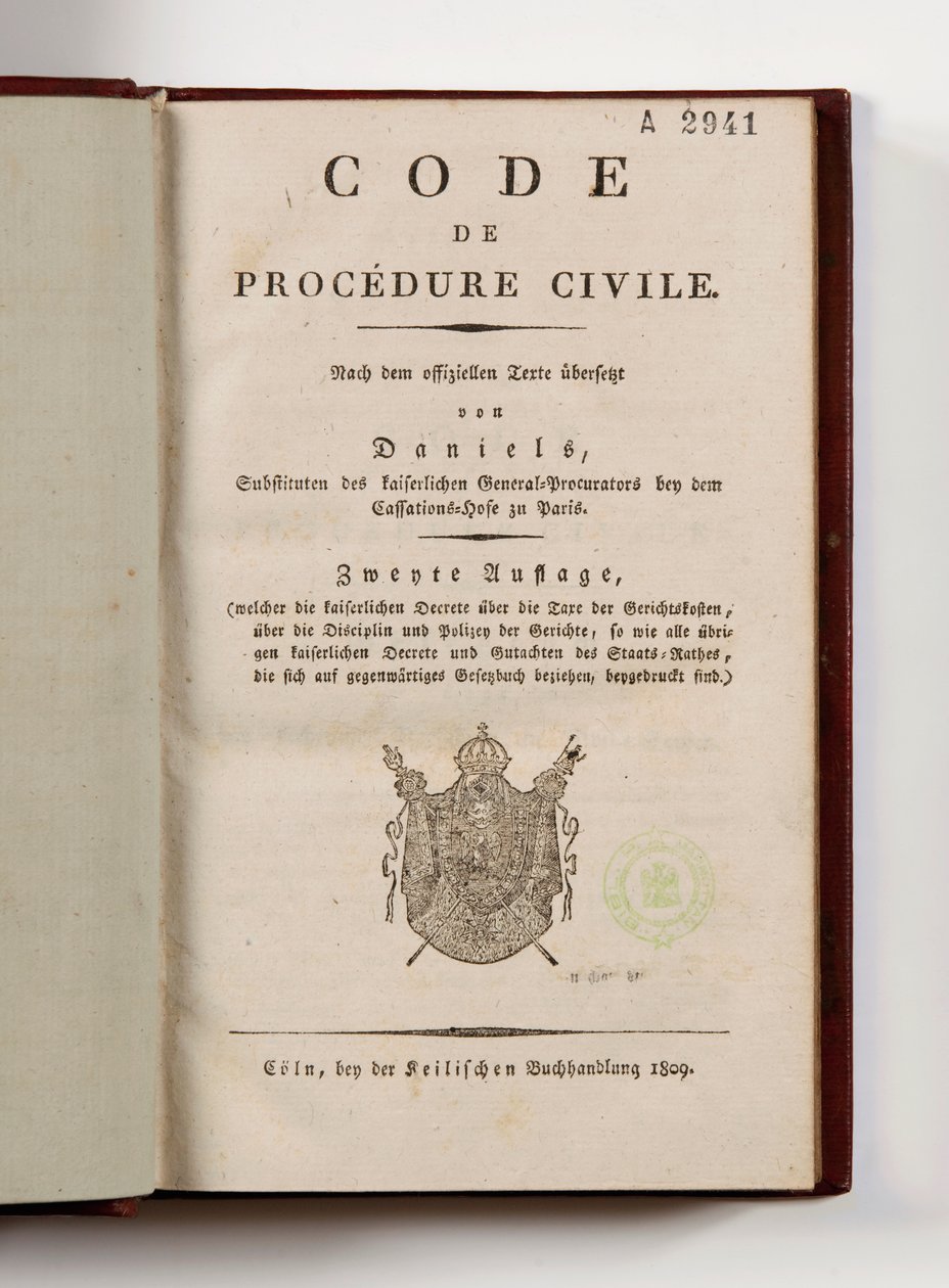 Code de procédure civile napoléonien pour les départements français de la rive gauche du Rhin, ouvert à la page de titre, Cologne, 1809 - German School