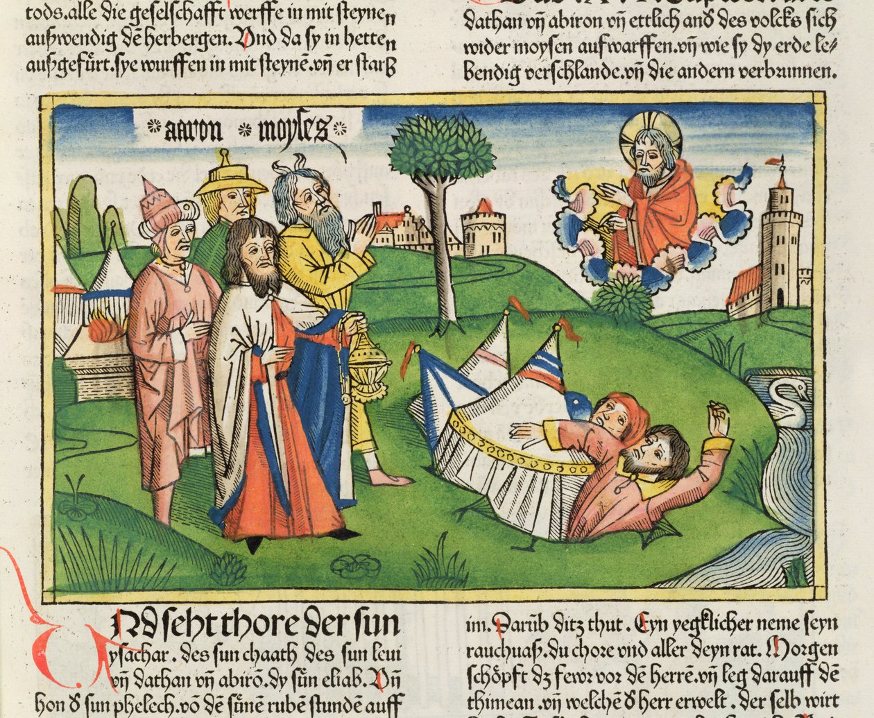 Nombres 16:32 La Terre engloutit les rebelles Dathan et Abiram, de la Bible de Nuremberg (Biblia Sacra Germanaica) - German School