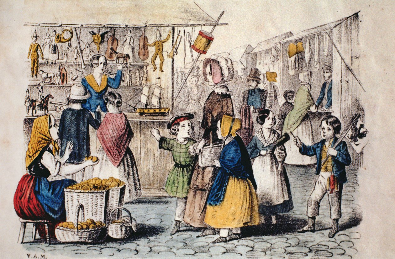 Marché en plein air en Allemagne, vers 1860 (gravure en couleur) - German School