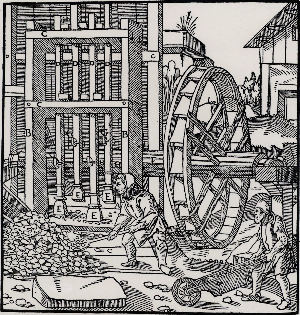 Roue à aubes, extrait de "De Re Metallica" de Georgius Agricola - German School