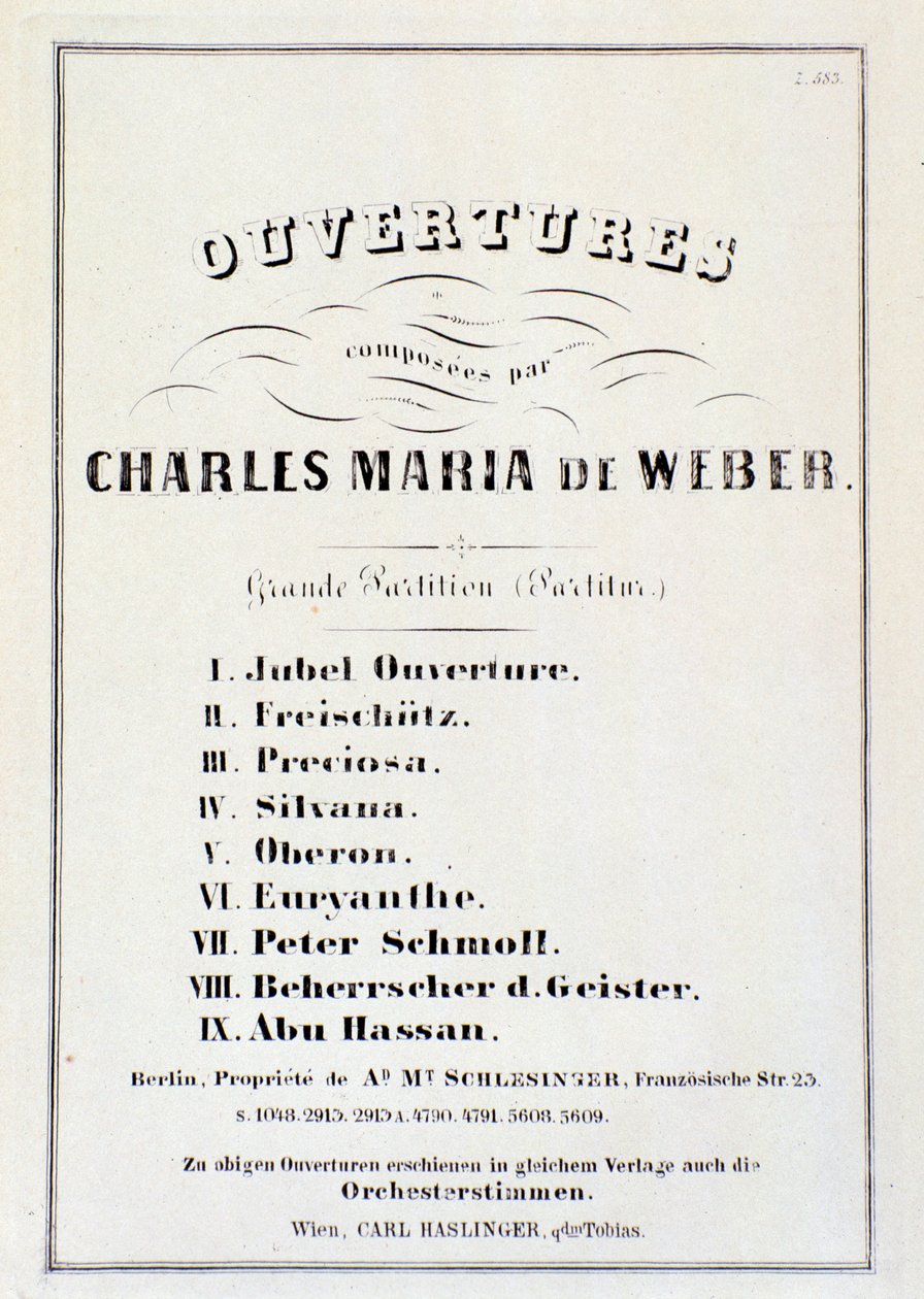 Page avec présentation des ouvertures de divers opéras de Carl Maria von Weber - German School