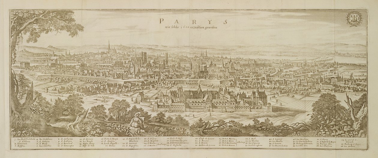 Vue panoramique de Paris en 1620, de Topographia Galliae par Martin Zeiller (1589-1661) publié en 1655 - German School