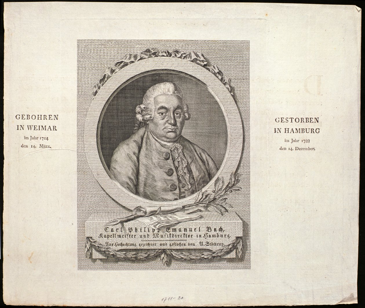 Portrait de Carl Philipp Emanuel Bach (1714-88) gravé par C. D. Krohn, 1788 - German School