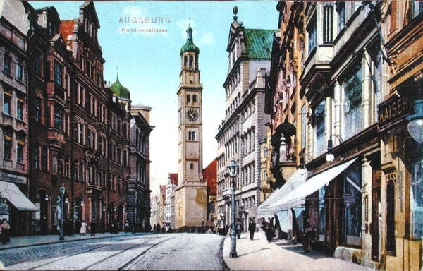 Carte postale représentant la Karolinenstrasse à Augsbourg, c.1910 (photo en couleur) - German School