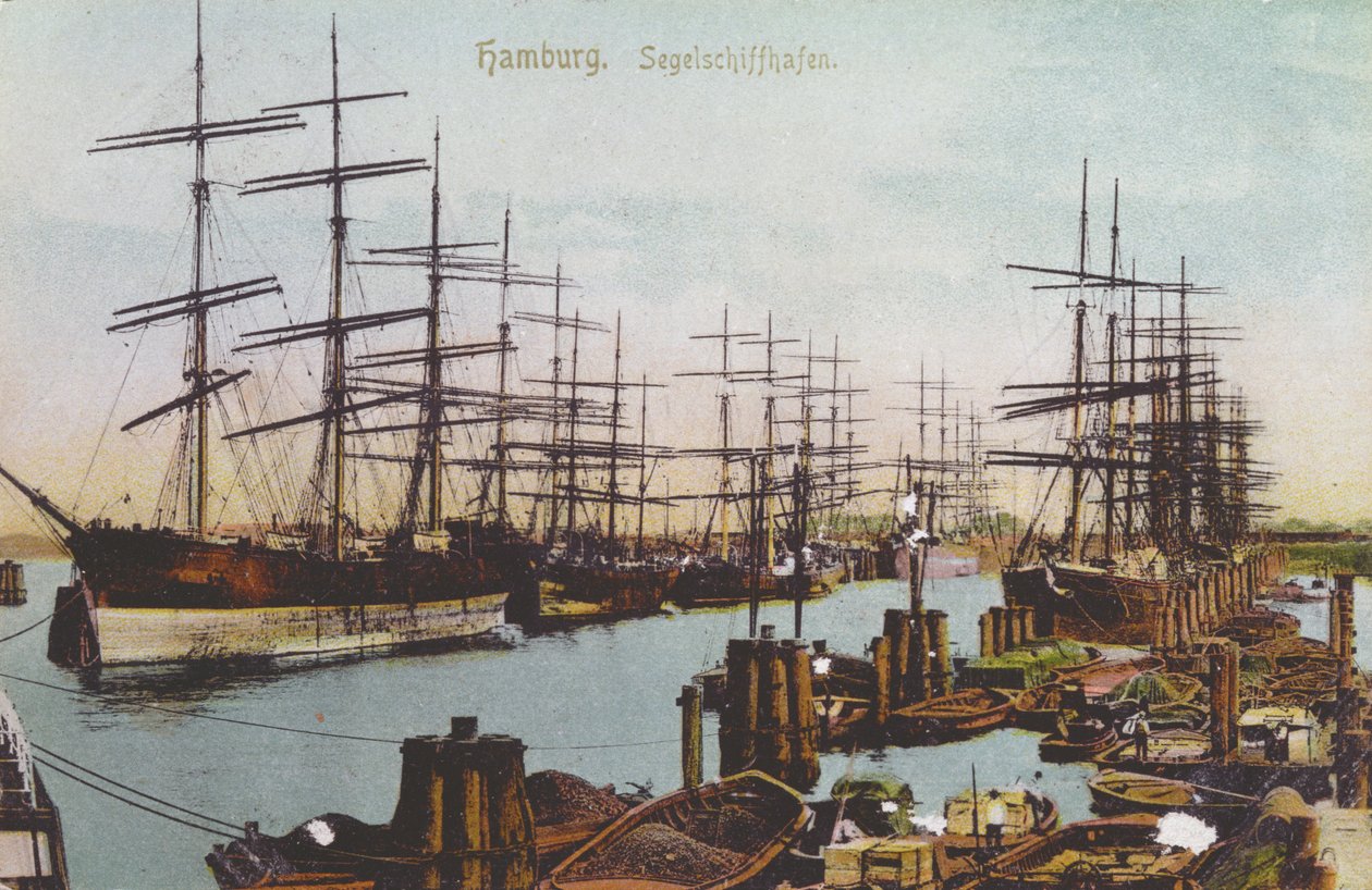 Carte postale du port de voiliers à Hambourg, vers 1900 - German School