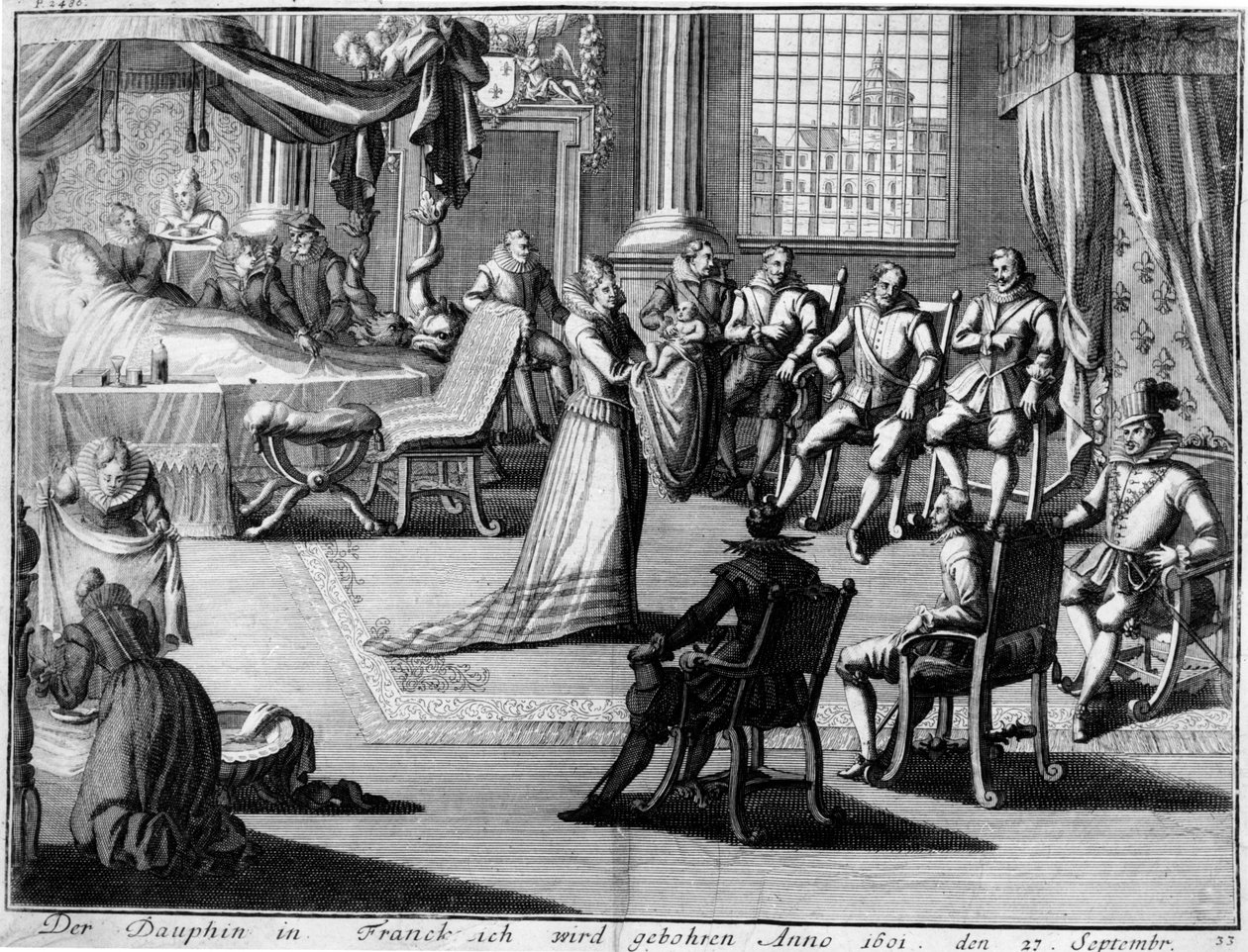 Présentation à Fontainebleau du dauphin à son père, le roi Henri IV, le 27 septembre 1601 - German School