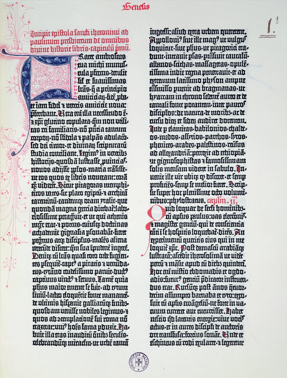 Prologue de la Bible de Gutenberg, imprimée par Johannes Gutenberg et Peter Schoeffer à Mayence, 1454-56 - German School