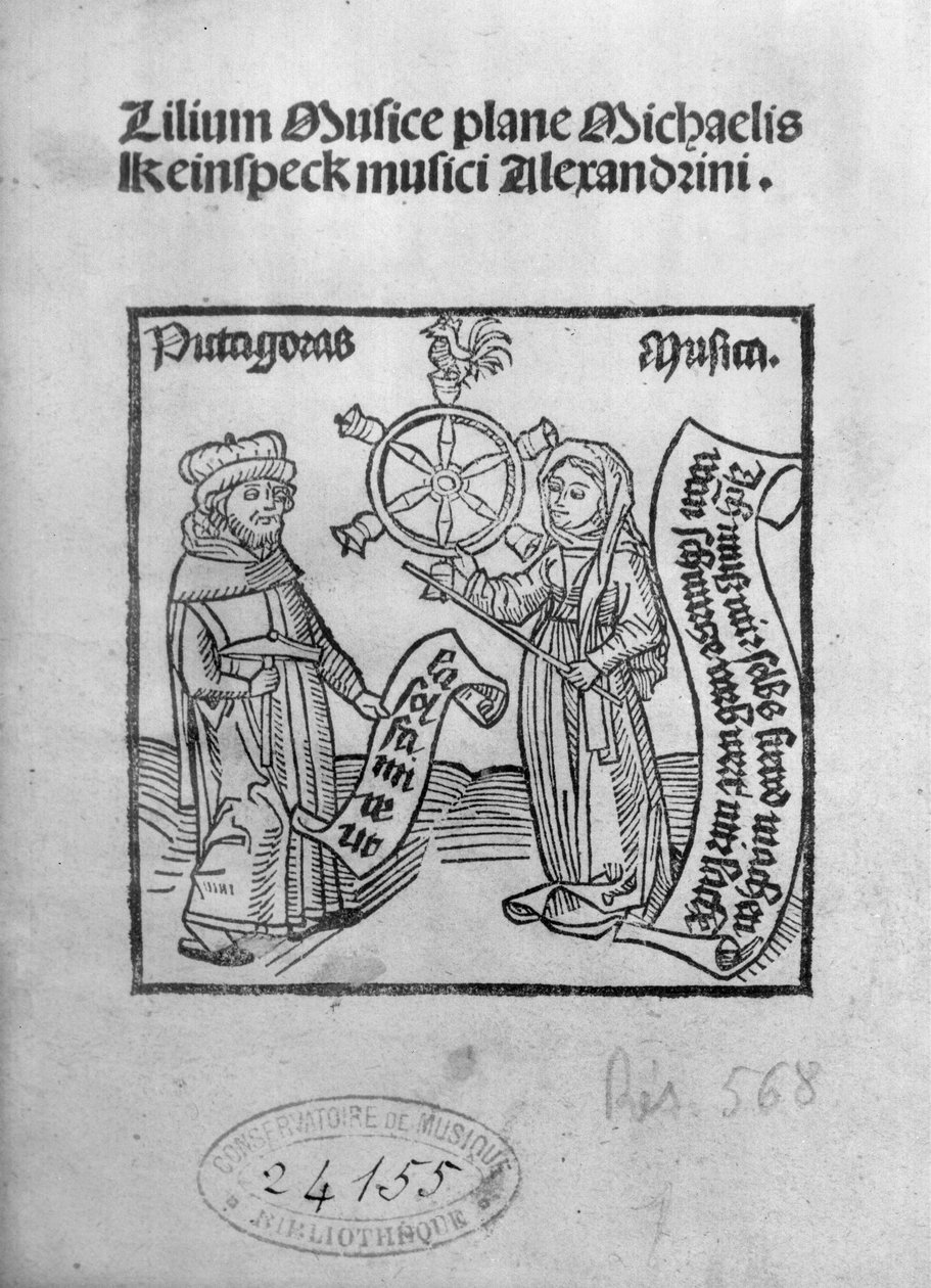 Pythagore (c.580-500 av. J.-C.) et la Musique, page de titre de Lilium Musicae par Michael Keinspeck, Augsbourg, publié en 1500 - German School