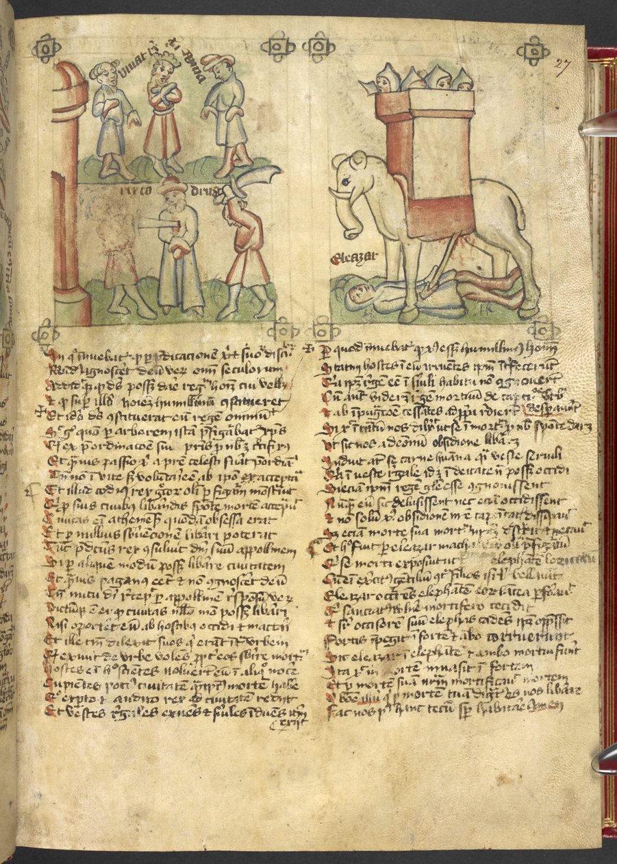 Sloane 361, f.27 Le roi Codrus se sacrifie pour son peuple, et Éléazar Maccabée poignardant l