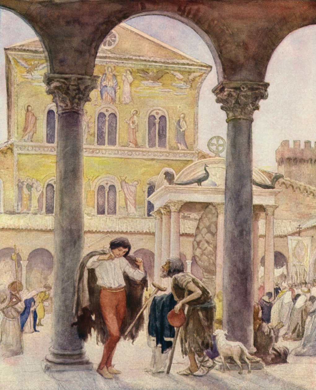 Saint François et un mendiant à la basilique Saint-Pierre, Rome (lithographie couleur) - German School