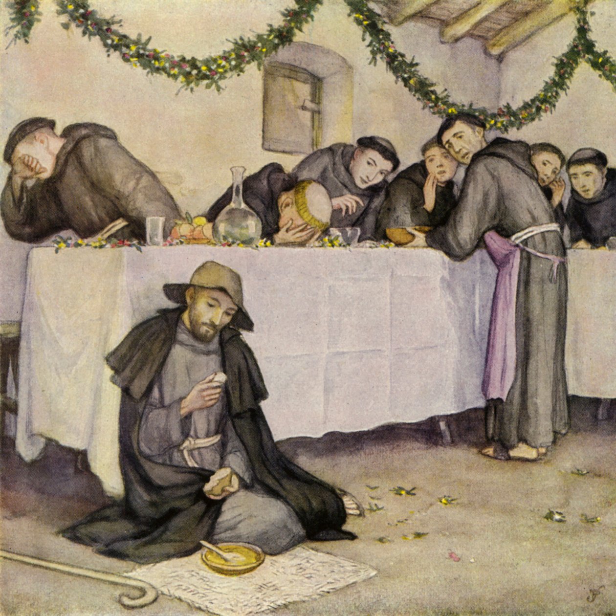 Saint François et une leçon de sainte pauvreté (lithographie couleur) - German School