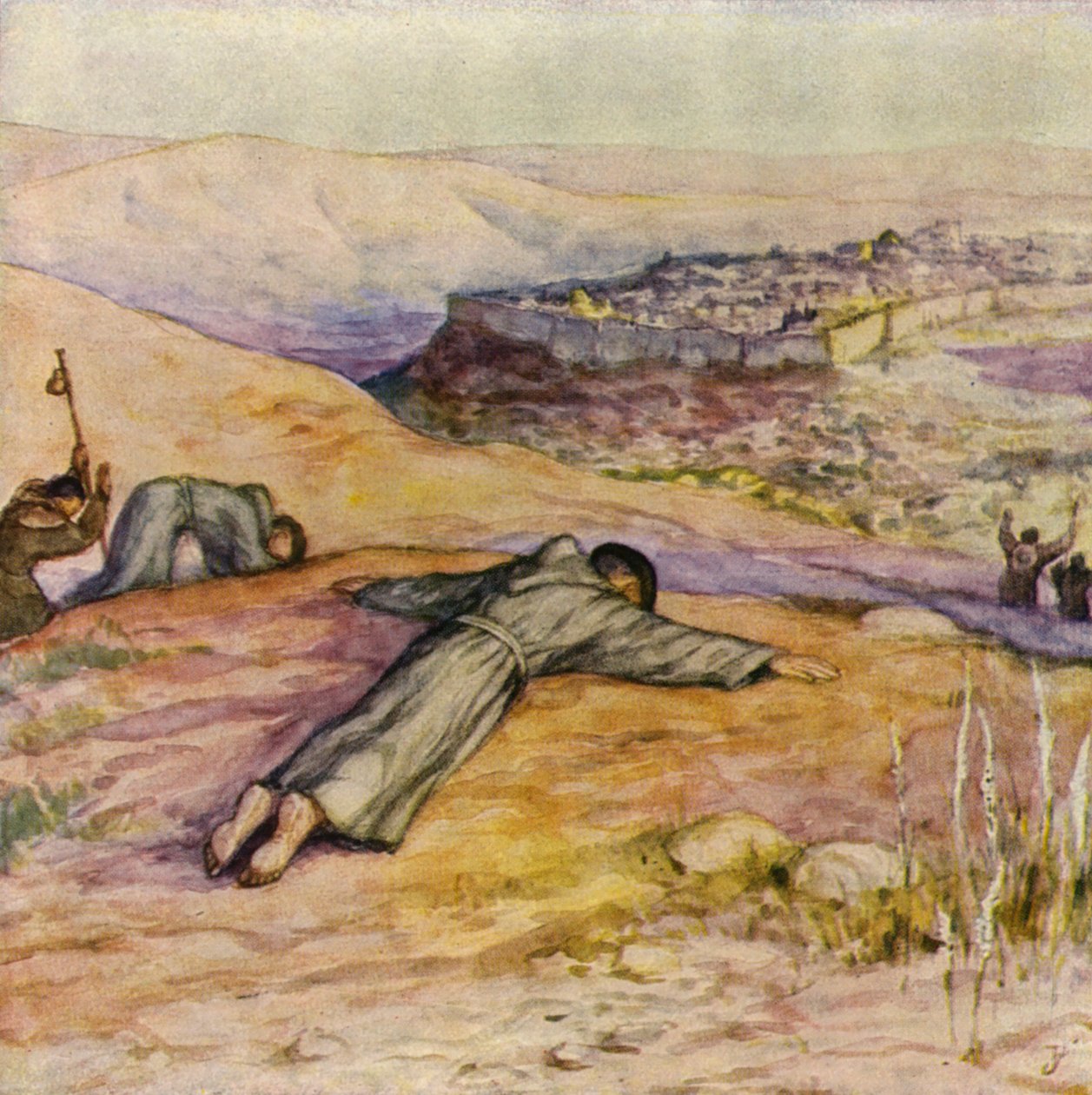 Saint François arrivant à Jérusalem (lithographie couleur) - German School