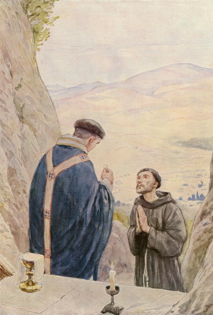 Saint François célébrant la messe avec Frère Léo (lithographie couleur) - German School