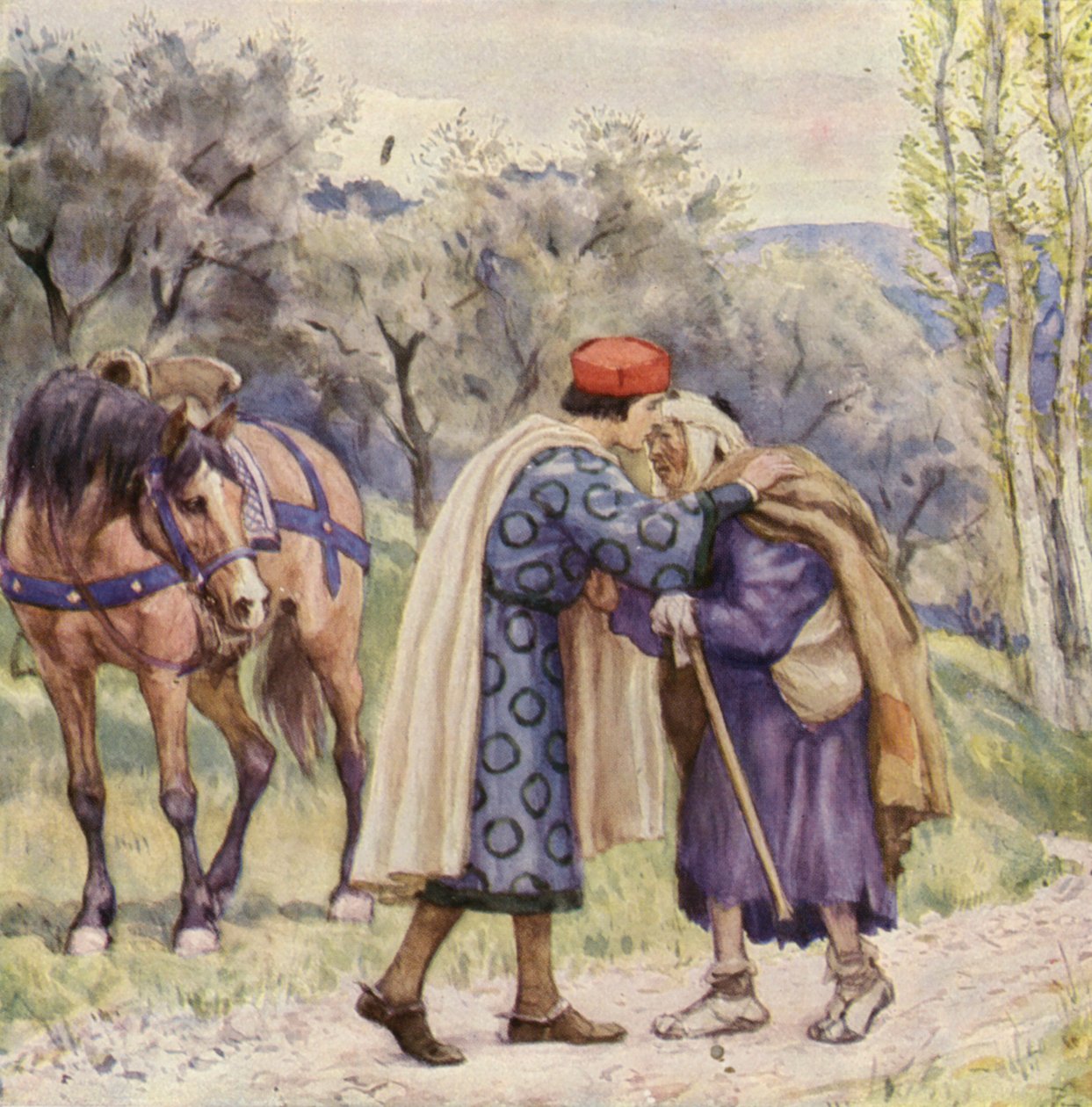Saint François embrassant un lépreux (lithographie couleur) - German School