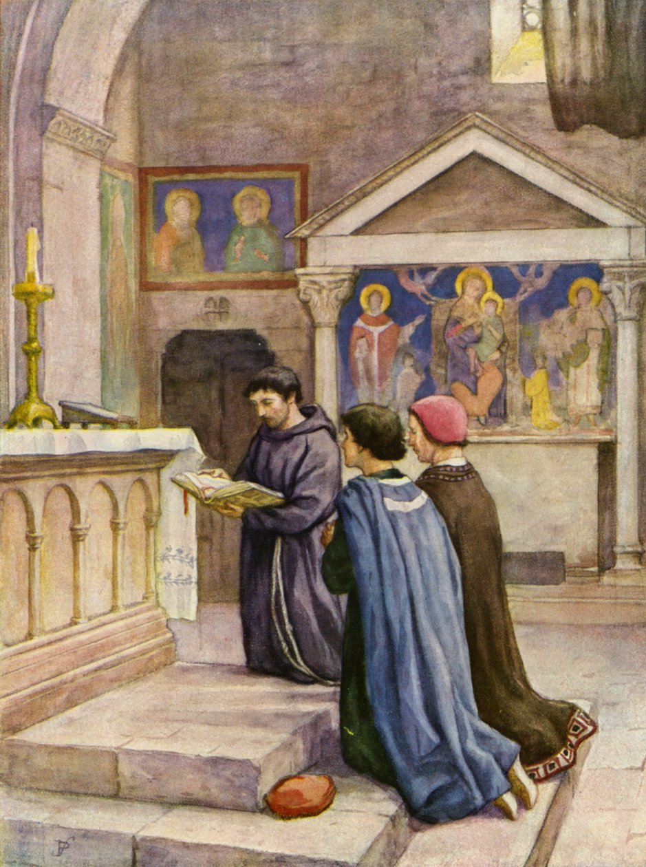 Saint François lisant les Évangiles (lithographie couleur) - German School
