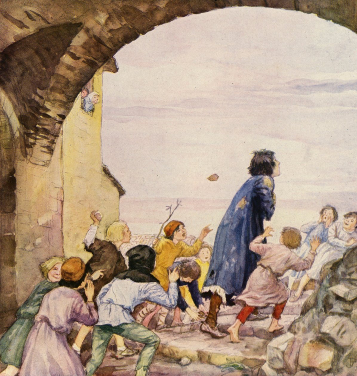 Saint François raillé par des enfants (lithographie couleur) - German School