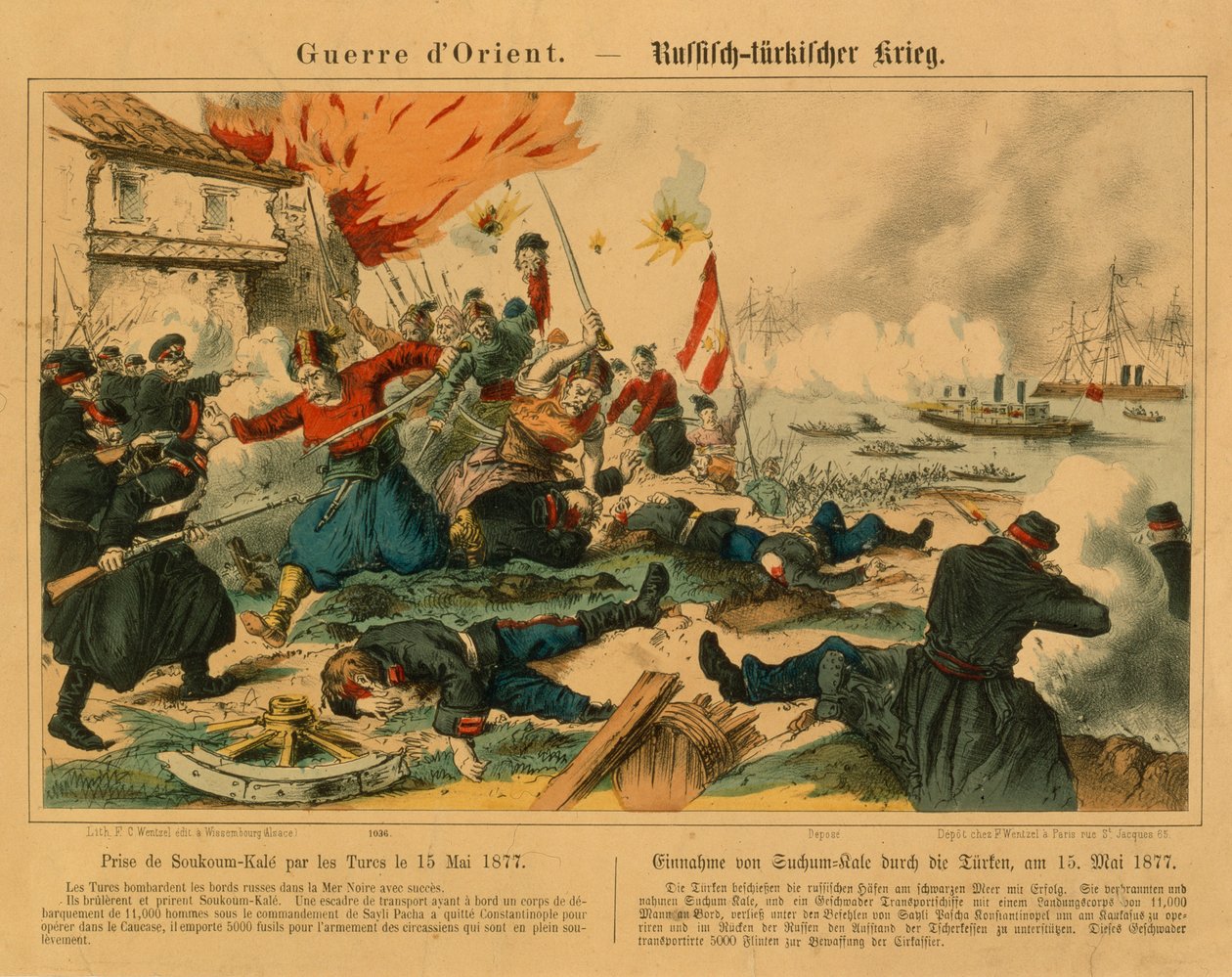 Prise de Suchum-Kale par les Turcs pendant la guerre russo-turque, 15 mai 1877, publiée par F.C. Wentzel, Weissenburg, 1877 - German School