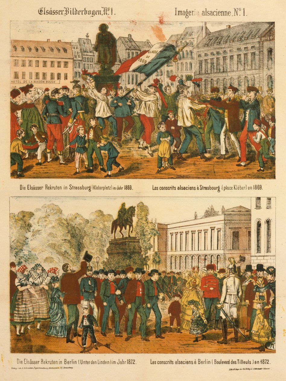 Les recrues alsaciennes à Strasbourg (Kleberplatz) en 1869 et à Berlin (Unter den Linden) en 1872, de Elsaesser Bilderbogen, publié par A. Schneider, Strasbourg, 1873 - German School