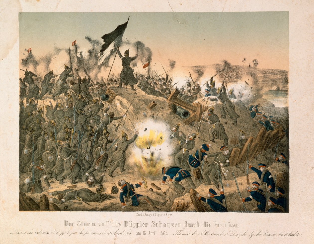 La bataille de Dybboel dans la deuxième guerre du Schleswig, le 18 avril 1864, publiée par Verlag A. Felgner, Berlin, 1864 - German School