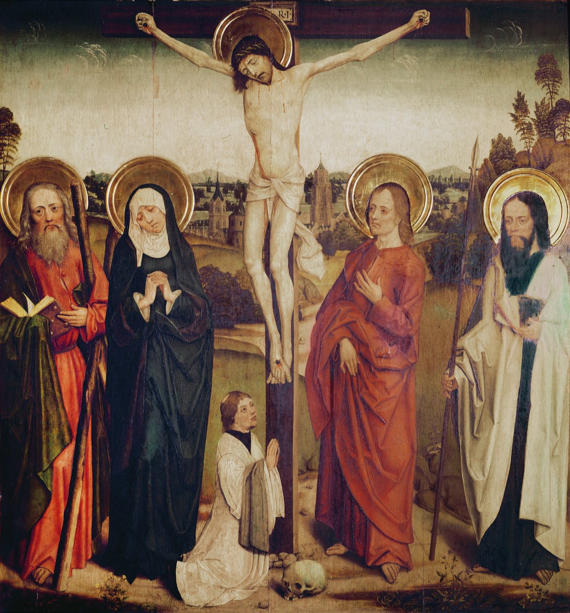 La Crucifixion, avec Saint André, Saint Matthieu et un homme agenouillé au pied de la croix - German School