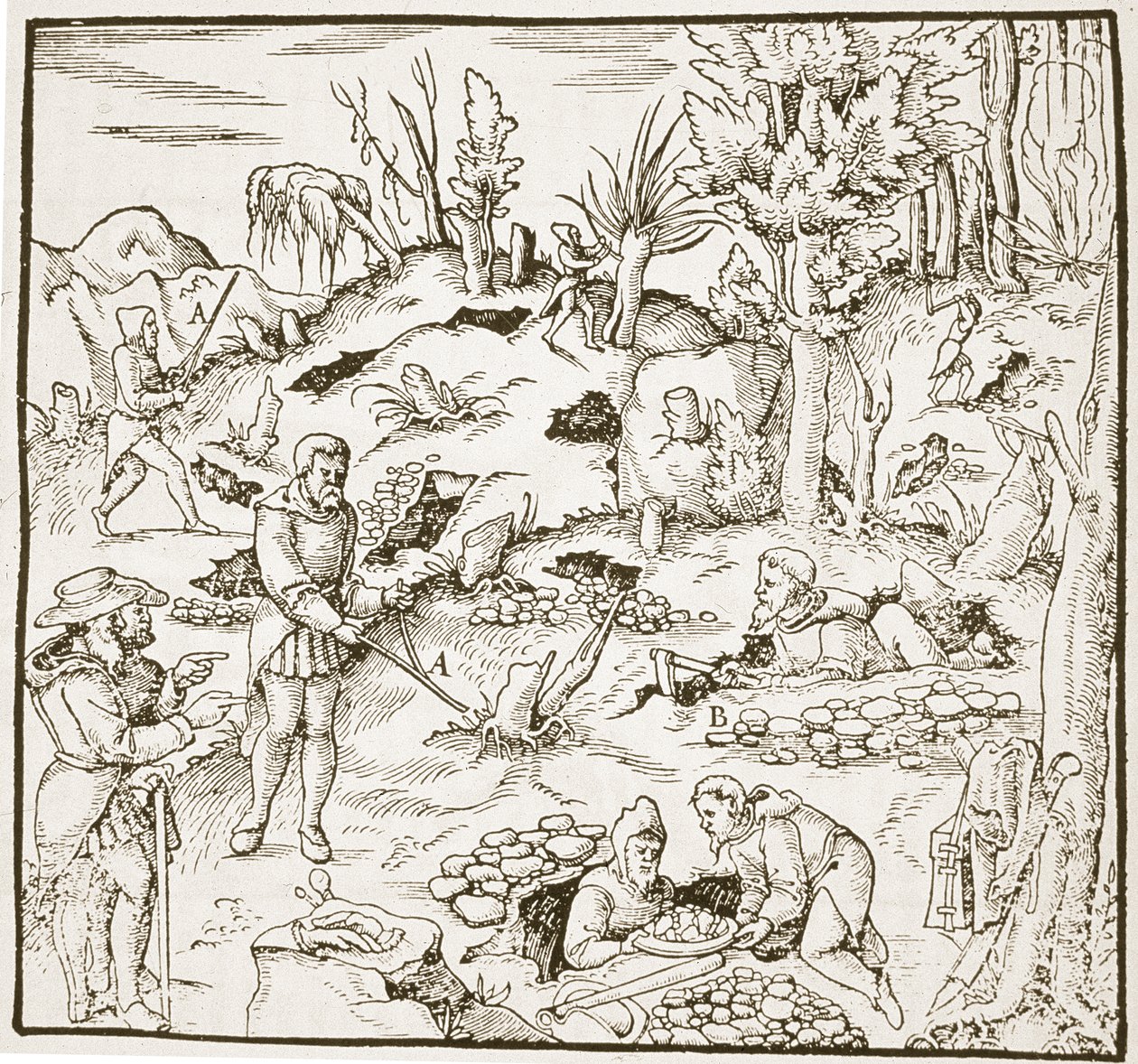 La baguette divinatoire, de Bergwerk Buch par Georg Agricola, Francfort 1580, illustré dans une Histoire de la Magie, publié à la fin du 19e siècle - German School