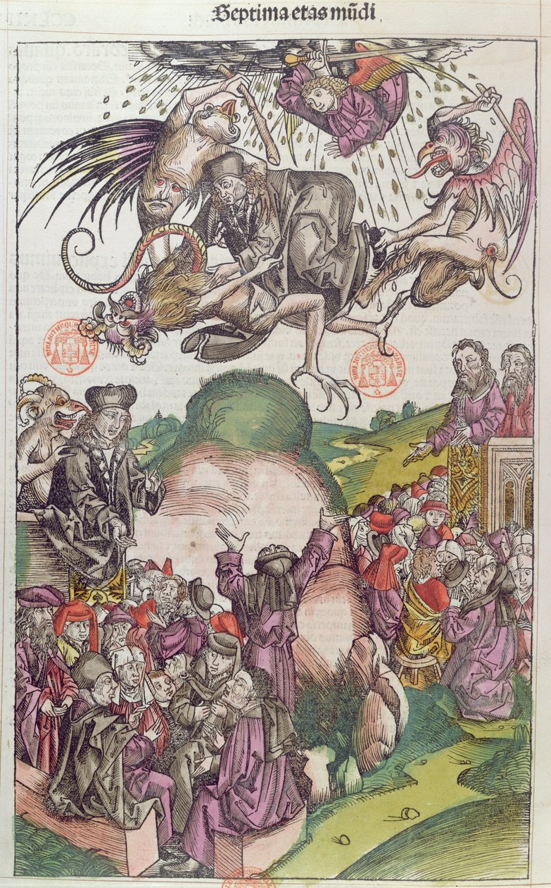 La Chute de Simon le Magicien, de La Chronique de Nuremberg par Hartmann Schedel, Nuremberg, 1492 - German School