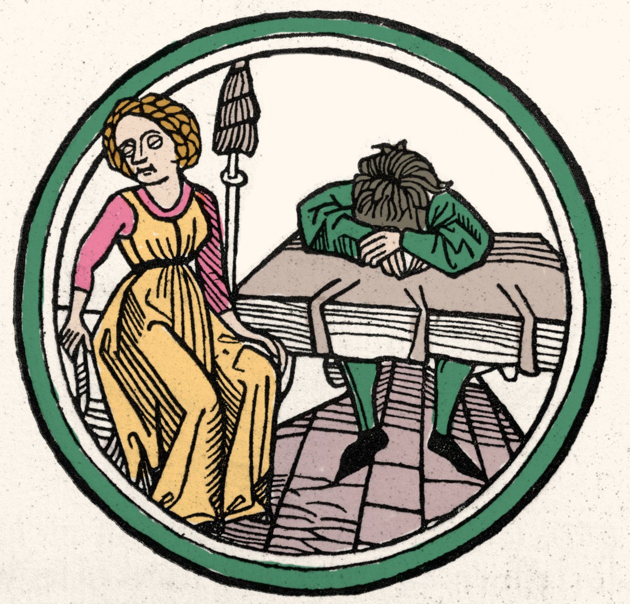 Les Quatre Tempéraments : Mélancolique (triste et déprimé). Xylographie, Augsbourg 1480 - German School
