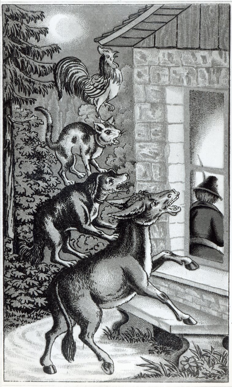 Les quatre animaux criant à la fenêtre, illustration pour Les Musiciens de Brême, conte des frères Grimm - German School